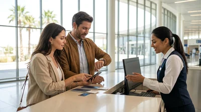 Smiling customer receiving keys at an airport car rental desk in Las Vegas