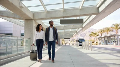 White shuttle bus picking up passengers with luggage outside Las Vegas airport Terminal 1 for car rental