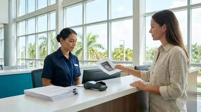 Traveler presenting a passport at a car rental counter in Miami