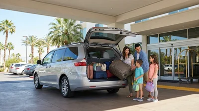 Travelers loading suitcases into the open trunk of a car rental in an Orlando hotel parking lot
