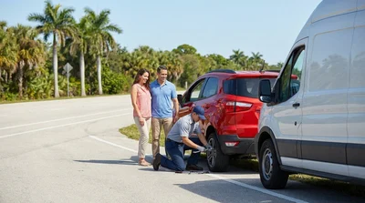 Man looking under the hood of a broken-down car rental on a sunny palm-lined road in Florida