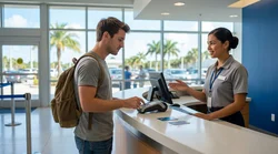 Young adult holding keys next to a modern car rental parked on a sunny Florida street