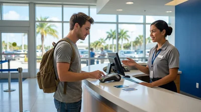 Young adult holding keys next to a modern car rental parked on a sunny Florida street