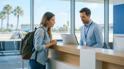 Customer and staff member reviewing paperwork at a California car rental counter