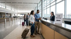 Travelers with luggage at the Hola car hire desk inside JFK Airport in New York