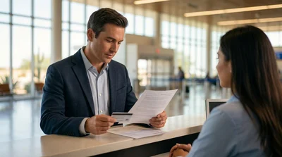Close up of hands signing documents at a car rental counter in Texas