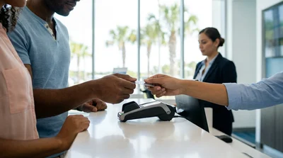 Customer handing a credit card to an agent at a car hire counter in Florida