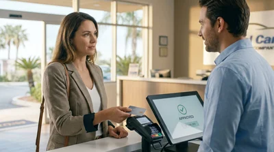 Person handing a credit card to a car hire agent at a service desk in Florida