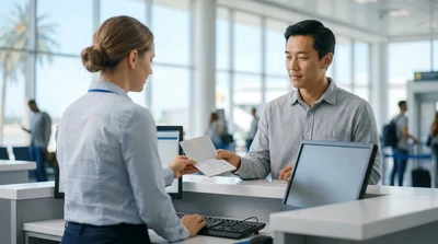 Person holding a Chinese driving licence in front of a car hire desk in California