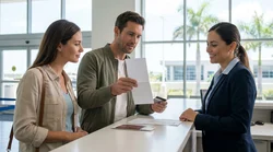 Person holding a paper document and keys next to a car rental vehicle in Florida