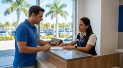Person handing a driver's license to a customer service agent at a car rental desk in Miami