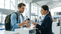 Young person showing a provisional license at a car rental counter in the United Estates