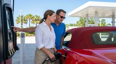 Person holding a fuel pump nozzle next to a car rental vehicle at a Florida gas station
