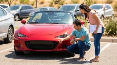 Person holding a clipboard inspecting the exterior of a vehicle at a car rental lot in Texas