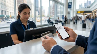 Person looking at a smartphone while holding a credit card at a car rental counter in New York