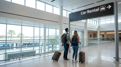 Travelers with luggage walking toward the car rental counters in Terminal C at Orlando Airport