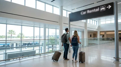 Travelers with luggage walking toward the car rental counters in Terminal C at Orlando Airport