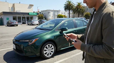Hands holding keys and a remote next to a car rental vehicle on a San Francisco street
