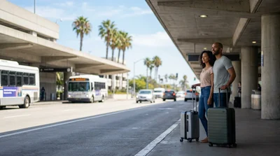 Travelers with luggage waiting for a car rental shuttle bus outside Terminal 5 in Los Angeles