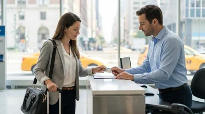 Customer handing a photo ID to an agent at a New York car rental desk