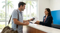 Close-up of a person showing a passport at a car rental counter in Florida