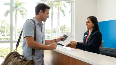 Close-up of a person showing a passport at a car rental counter in Florida