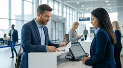 Customer receiving keys at a counter for a car hire in the United States