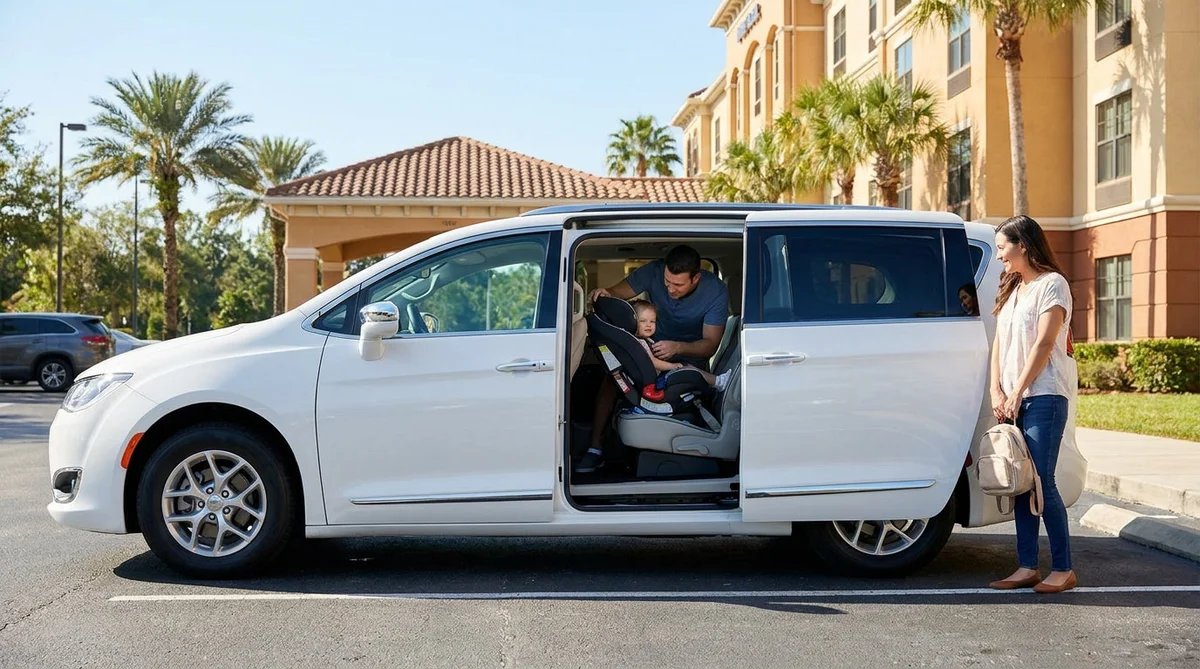 A child seat installed in the back of a car rental vehicle parked near palm trees in Orlando