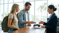 Close-up of a customer handing a credit card to an agent at a car rental desk in Florida