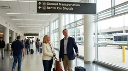 Travelers with luggage waiting for a car rental shuttle outside the JFK airport terminal in New York
