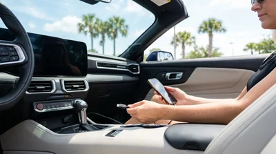 Close-up of a smartphone plugged into the dashboard USB-C port of an Orlando car rental