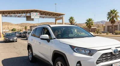 A white car rental driving along a scenic sunlit highway in Southern California