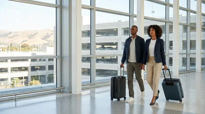 Travelers walking under a car rental sign inside Terminal 3 at San Francisco airport