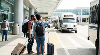 Passengers with luggage waiting for a car rental shuttle outside JFK Terminal 1 arrivals in New York