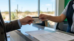Business traveler handing a credit card to a clerk at a Texas car rental counter
