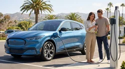 Driver holding a smartphone next to a plugged-in electric car rental at a sunny California charging station