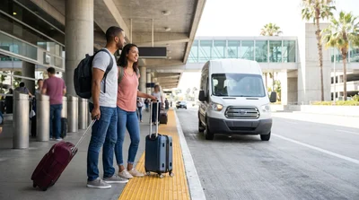 Traveler with luggage exiting a rideshare vehicle near a car hire shuttle at Los Angeles airport