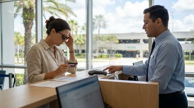 Traveler handing a credit card to an agent at a car hire desk in Orlando