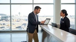 Traveler with luggage standing at a car rental desk inside a New York airport