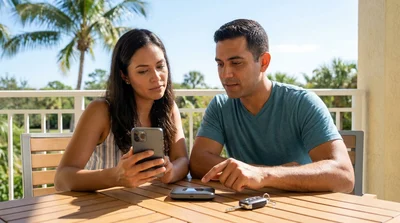 Smartphone on a dashboard mount showing a map inside a car rental driving past palm trees in Florida