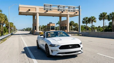 A white car rental driving under a highway toll gantry on a sunny day in Florida