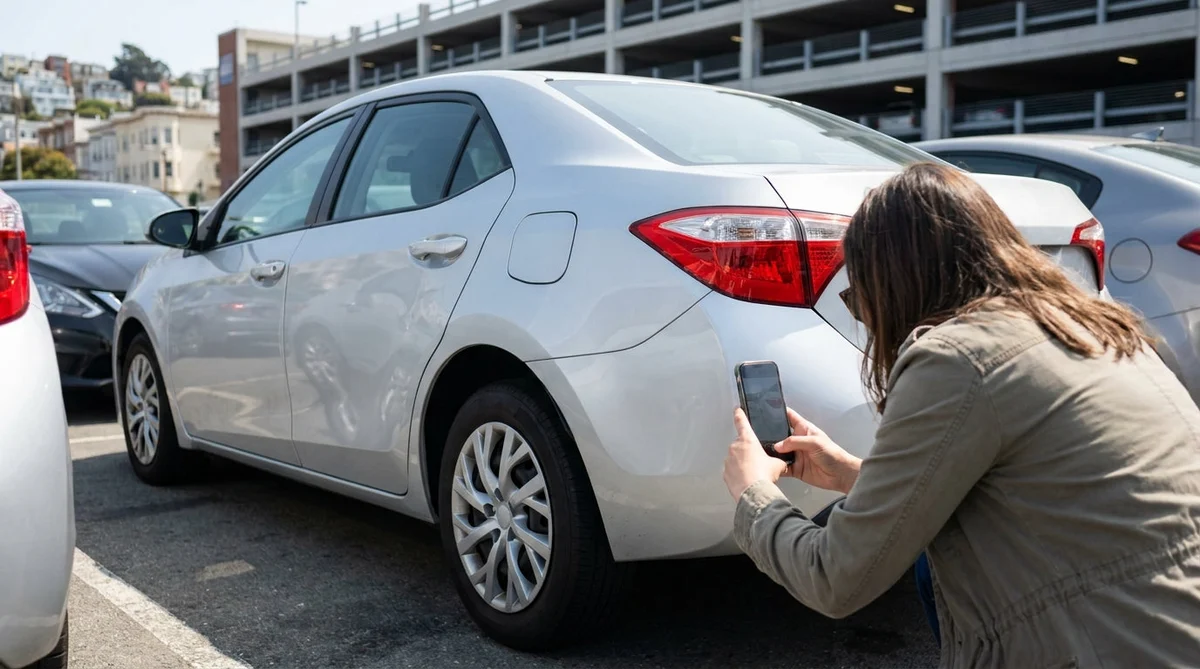Person taking a smartphone photo of a car rental vehicle in a San Francisco parking garage