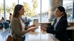 Traveler handing a passport to an agent at an airport car rental desk in Los Angeles