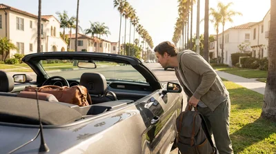 Broken glass and a backpack on the passenger seat of a car rental in California