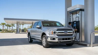 White car rental parked at a gas station pump on a sunny day in Texas