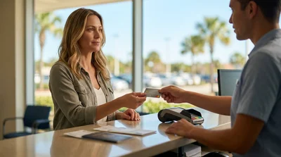 Customer handing a prepaid credit card to an agent at a car hire desk in Florida