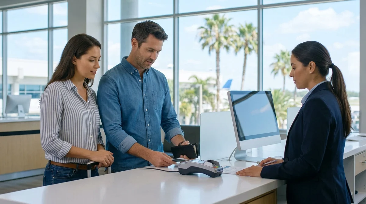 Person paying with a debit card at a sunny Florida car hire counter