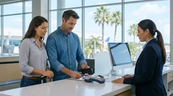 Person paying with a debit card at a sunny Florida car hire counter