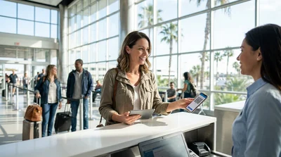 Traveler using a smartphone next to a white car hire vehicle at Orlando Airport