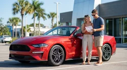 Two people in the front seats of a car rental driving along a sunny palm-lined road in Florida